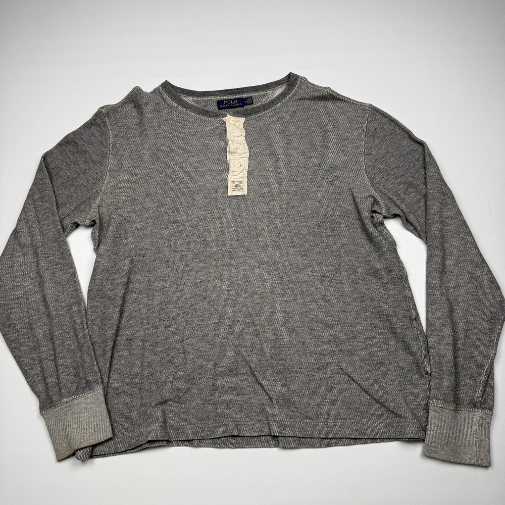 Polo Ralph Lauren Shirt Mens Medium Gray Thermal Henley Long Sleeve Knit Tee